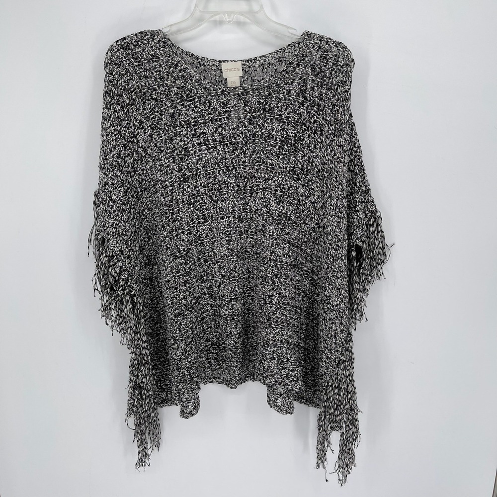 Chicos Women's Black White Crocheted Fringe Open Knit Poncho Sweater‎ One Size